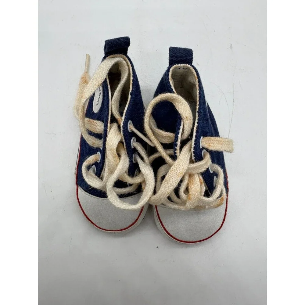 Vintage Infant 0-3 months High Top Booties Baby Navy Blue Canvas Crib Shoes